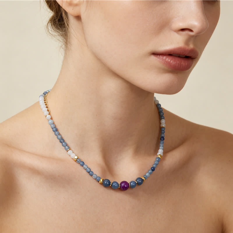 Buddha Stones Natural Blue Aventurine White Jade Bead Calm Necklace