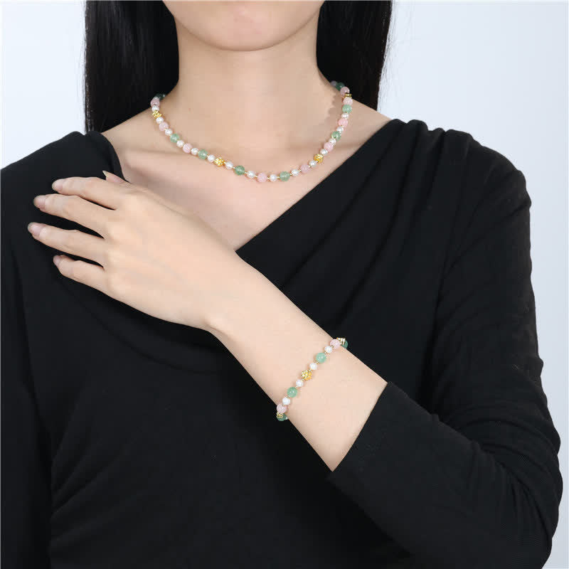 Buddha Stones Natural Rose Quartz Green Strawberry Quartz Pearl Bead Peace Necklace