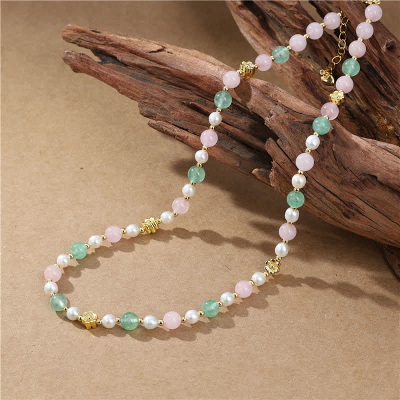 Buddha Stones Natural Rose Quartz Green Strawberry Quartz Pearl Bead Peace Necklace