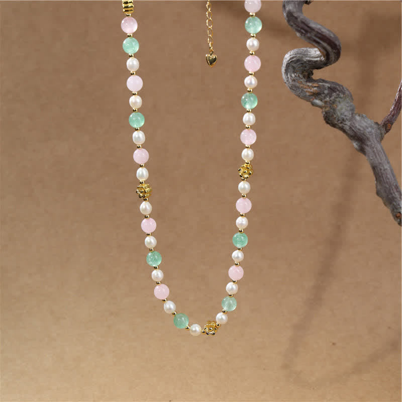 Buddha Stones Natural Rose Quartz Green Strawberry Quartz Pearl Bead Peace Necklace