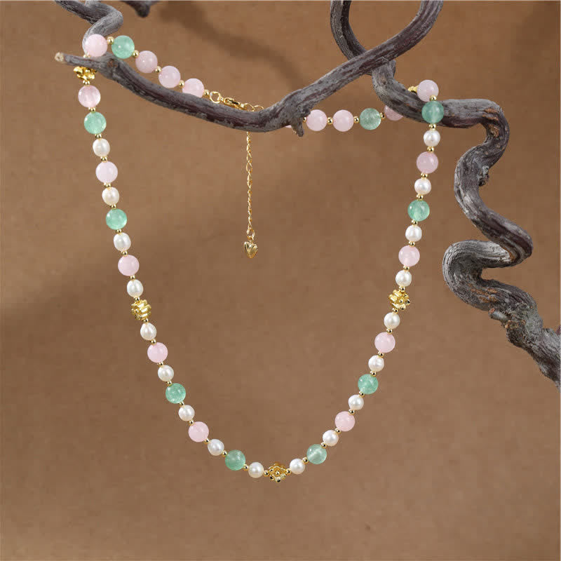 Buddha Stones Natural Rose Quartz Green Strawberry Quartz Pearl Bead Peace Necklace