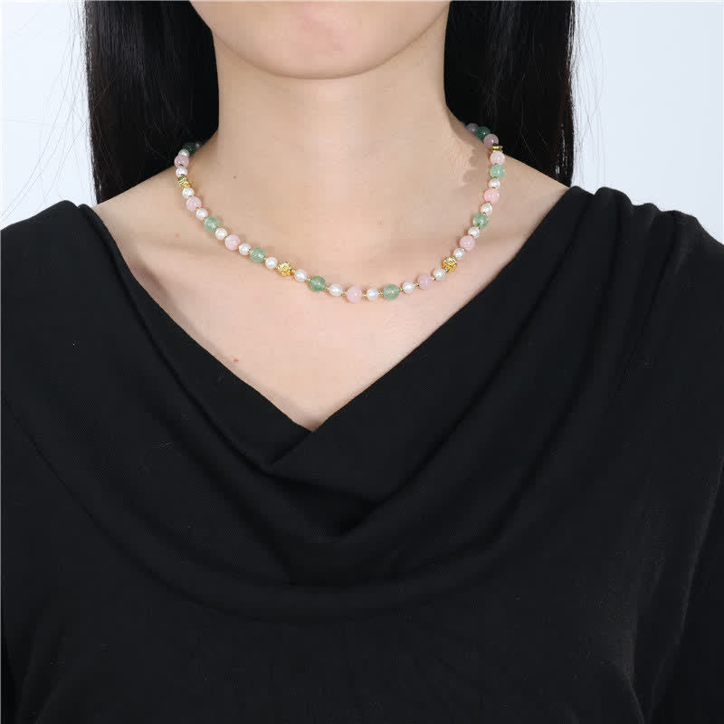 Buddha Stones Natural Rose Quartz Green Strawberry Quartz Pearl Bead Peace Necklace