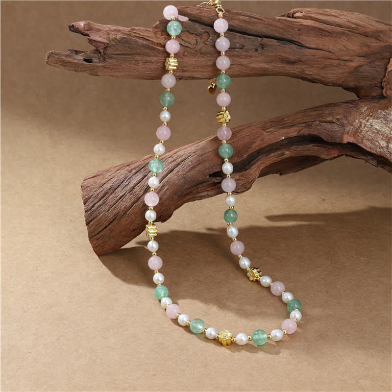 Buddha Stones Natural Rose Quartz Green Strawberry Quartz Pearl Bead Peace Necklace