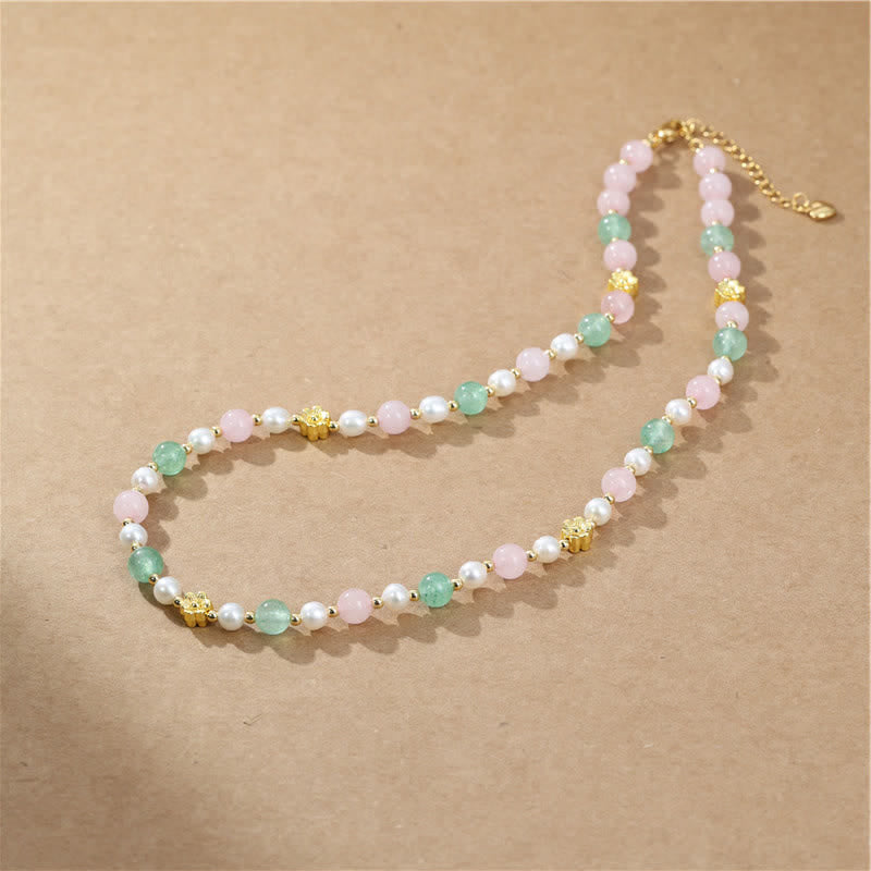 Buddha Stones Natural Rose Quartz Green Strawberry Quartz Pearl Bead Peace Necklace