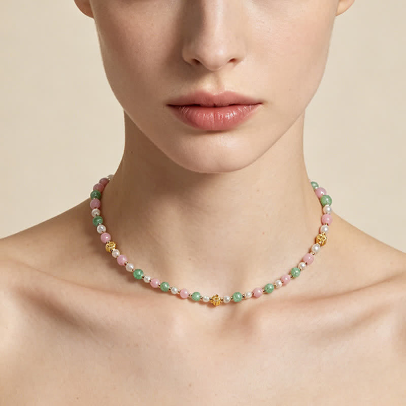 Buddha Stones Natural Rose Quartz Green Strawberry Quartz Pearl Bead Peace Necklace