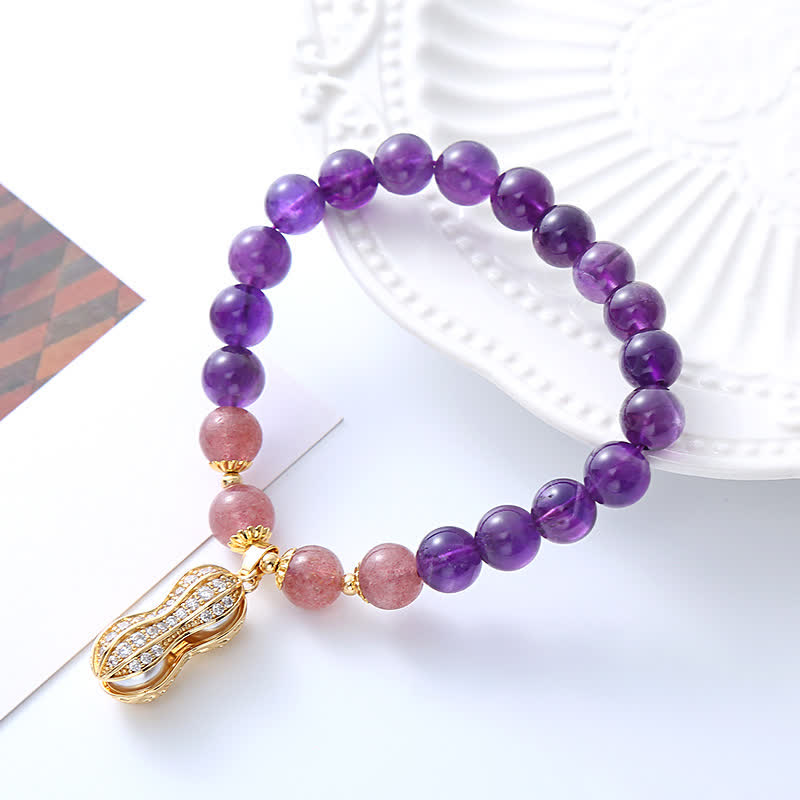 Buddha Stones Natural Amethyst Strawberry Quartz Peanut Good Things Happen Positive Bracelet