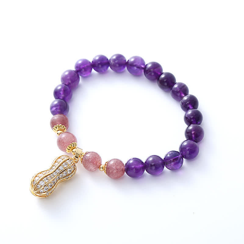 Buddha Stones Natural Amethyst Strawberry Quartz Peanut Good Things Happen Positive Bracelet