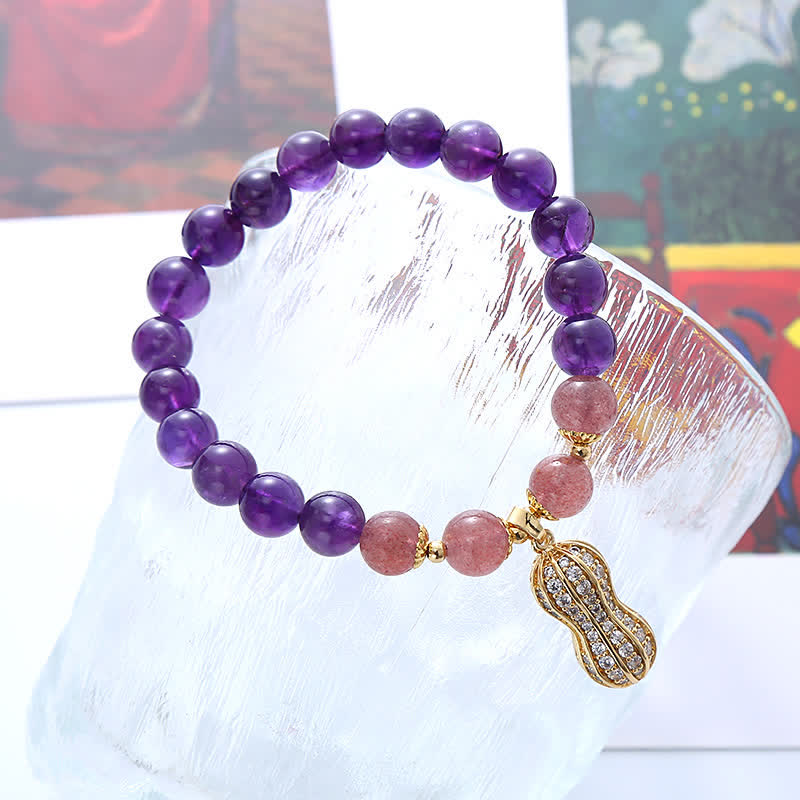 Buddha Stones Natural Amethyst Strawberry Quartz Peanut Good Things Happen Positive Bracelet