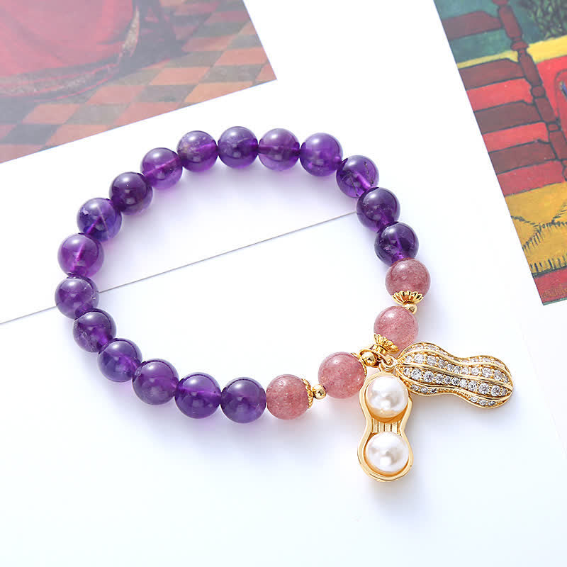 Buddha Stones Natural Amethyst Strawberry Quartz Peanut Good Things Happen Positive Bracelet