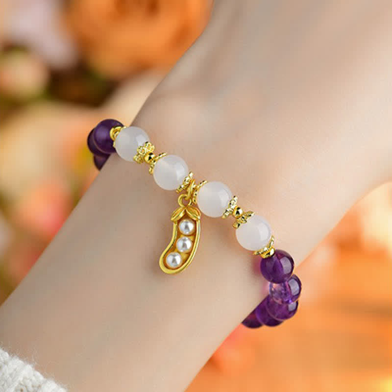 Buddha Stones Natural Amethyst White Agate Peanut Good Things Happen Spiritual Bracelet