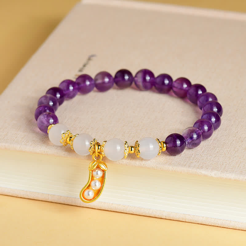 Buddha Stones Natural Amethyst White Agate Peanut Good Things Happen Spiritual Bracelet