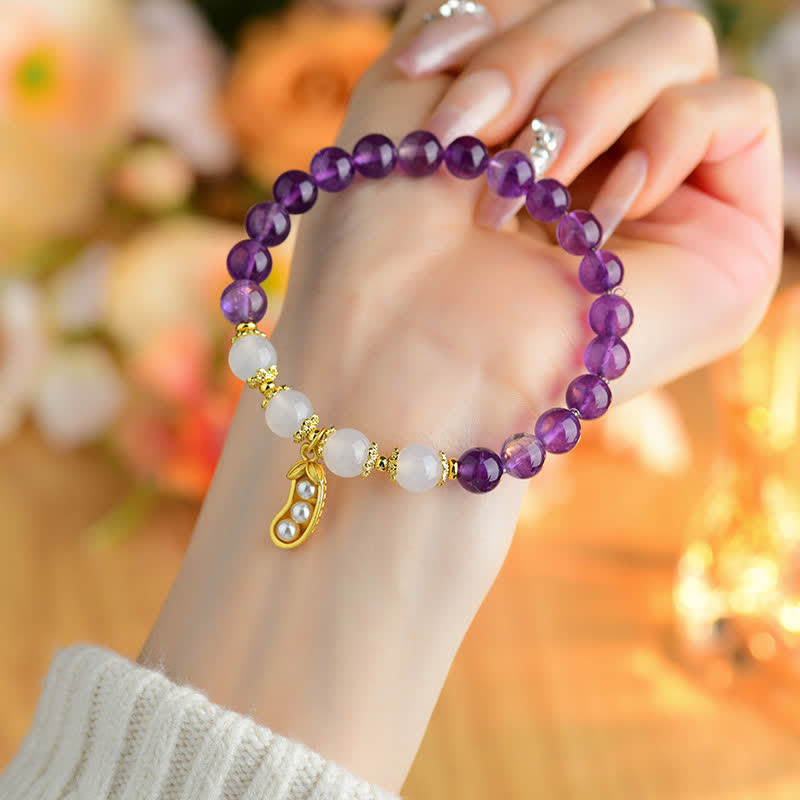 Buddha Stones Natural Amethyst White Agate Peanut Good Things Happen Spiritual Bracelet