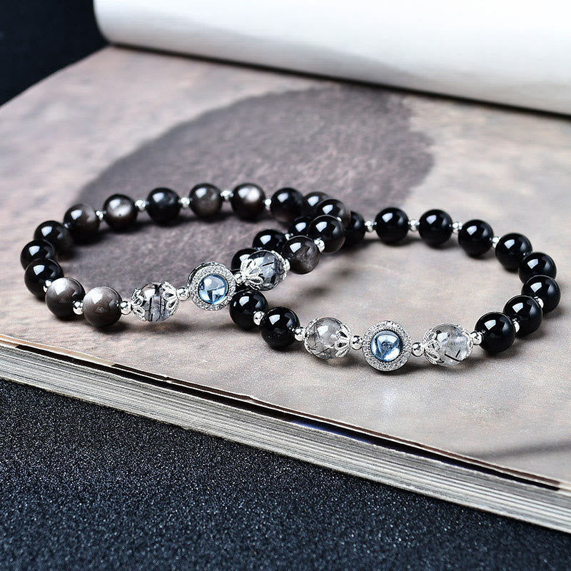 Buddha Stones Black Obsidian Silver Sheen Obsidian Zircon Purification Bracelet