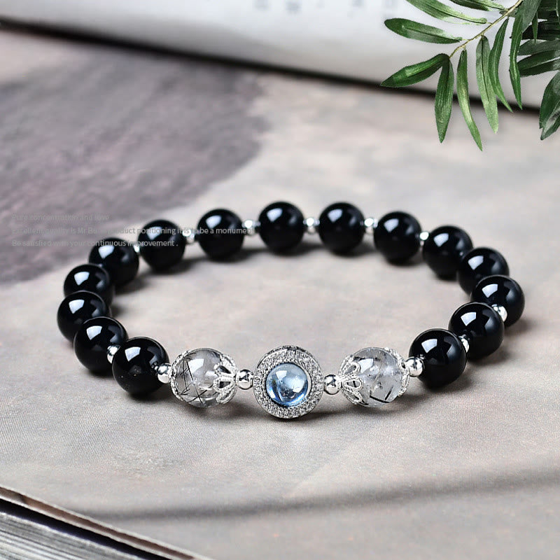Buddha Stones Black Obsidian Silver Sheen Obsidian Zircon Purification Bracelet