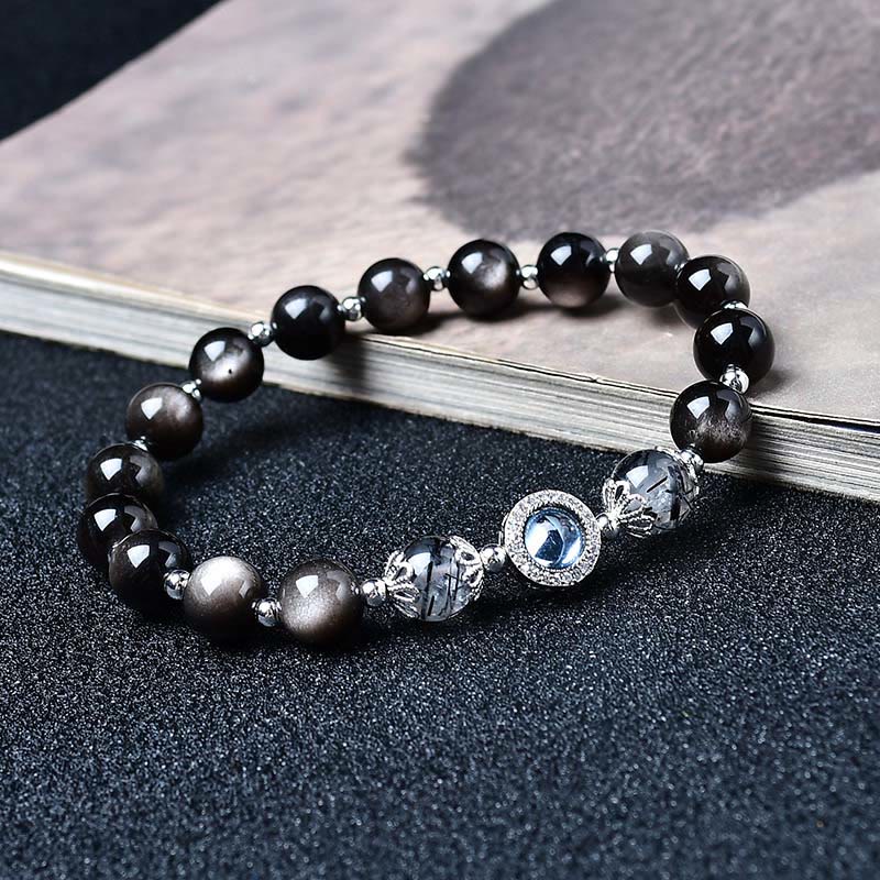 Buddha Stones Black Obsidian Silver Sheen Obsidian Zircon Purification Bracelet