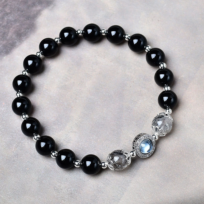Buddha Stones Black Obsidian Silver Sheen Obsidian Zircon Purification Bracelet