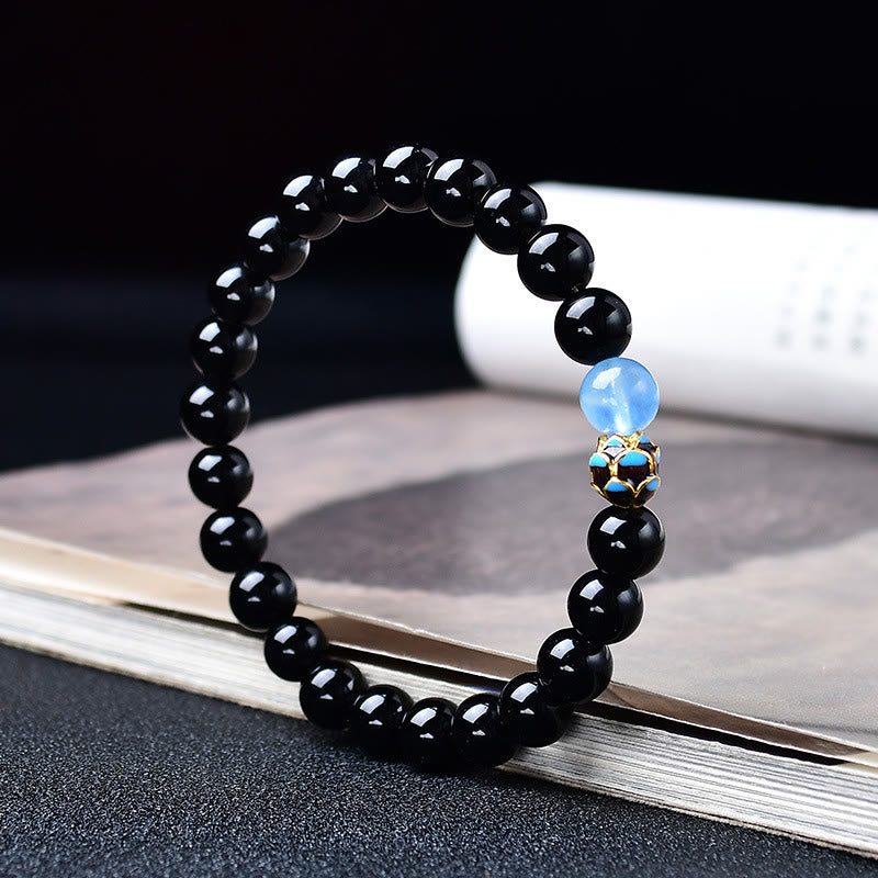 Buddha Stones Natural Black Obsidian Lotus Purification Bracelet