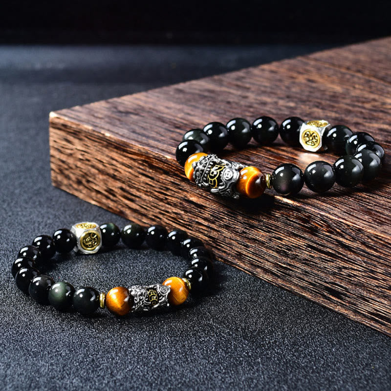 Buddha Stones Natural Black Obsidian PiXiu Tiger's Eye Transformation Bracelet