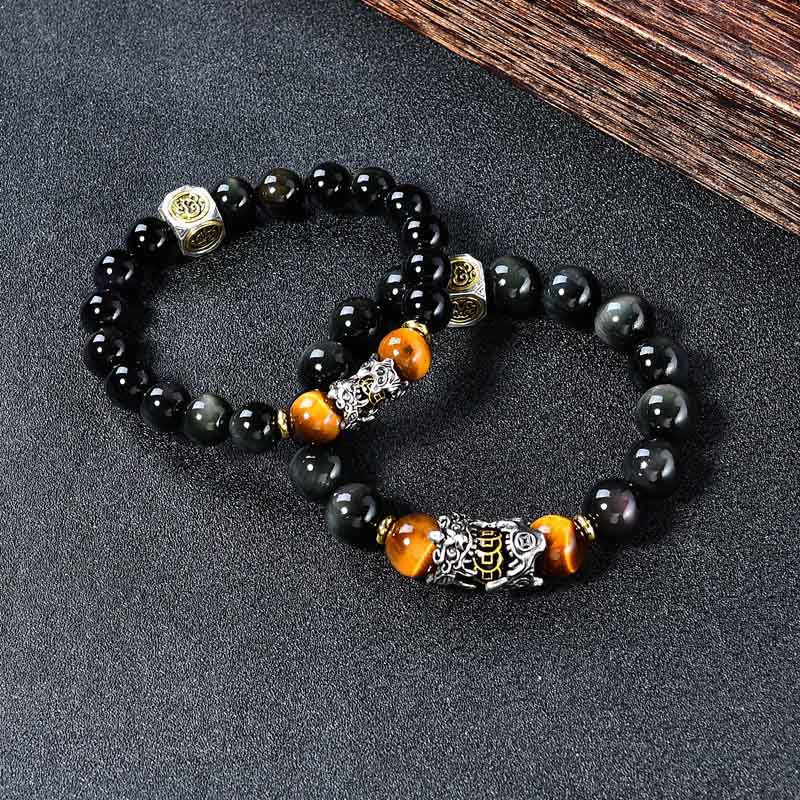 Buddha Stones Natural Black Obsidian PiXiu Tiger's Eye Transformation Bracelet