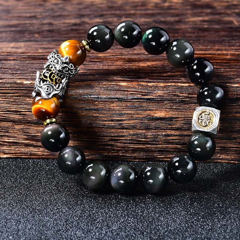 Buddha Stones Natural Black Obsidian PiXiu Tiger's Eye Transformation Bracelet