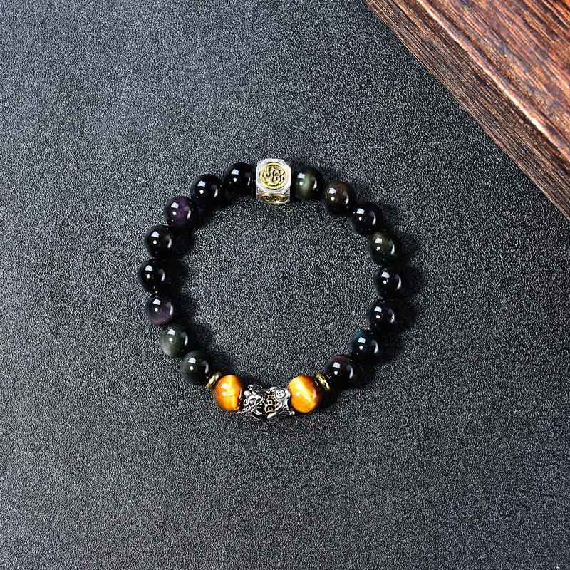 Buddha Stones Natural Black Obsidian PiXiu Tiger's Eye Transformation Bracelet