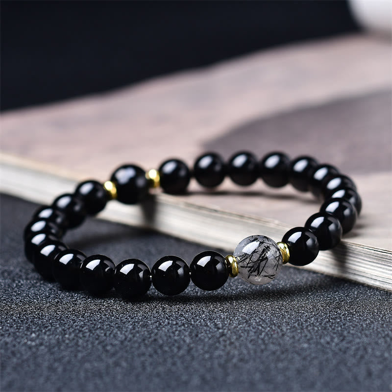 Buddha Stones Natural Black Obsidian Black Rutilated Quartz Purification Bracelet