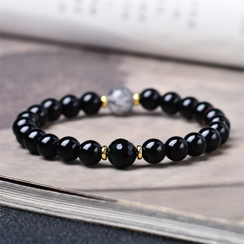 Buddha Stones Natural Black Obsidian Black Rutilated Quartz Purification Bracelet