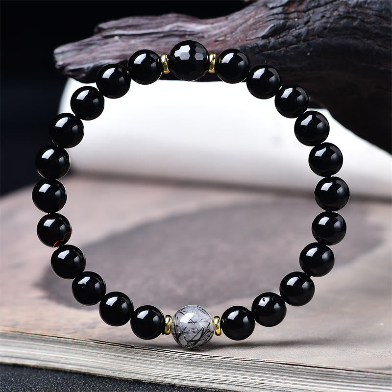 Buddha Stones Natural Black Obsidian Black Rutilated Quartz Purification Bracelet