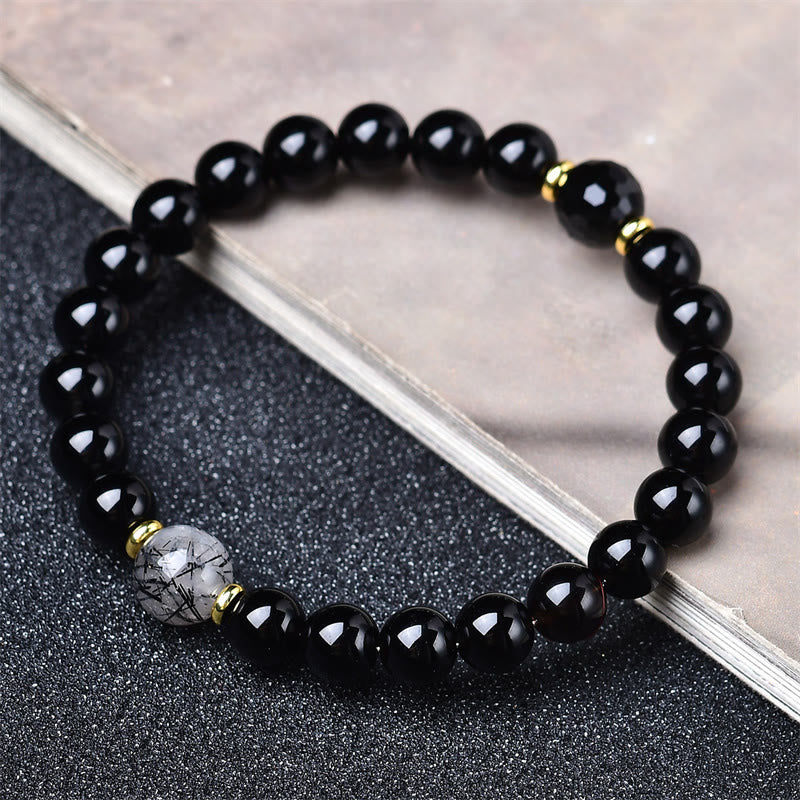 Buddha Stones Natural Black Obsidian Black Rutilated Quartz Purification Bracelet