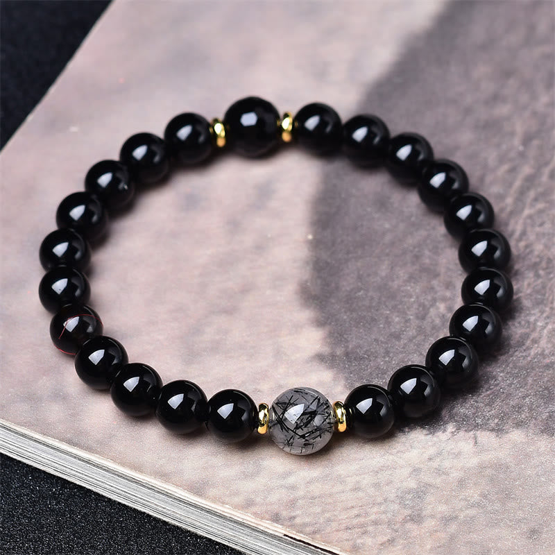 Buddha Stones Natural Black Obsidian Black Rutilated Quartz Purification Bracelet