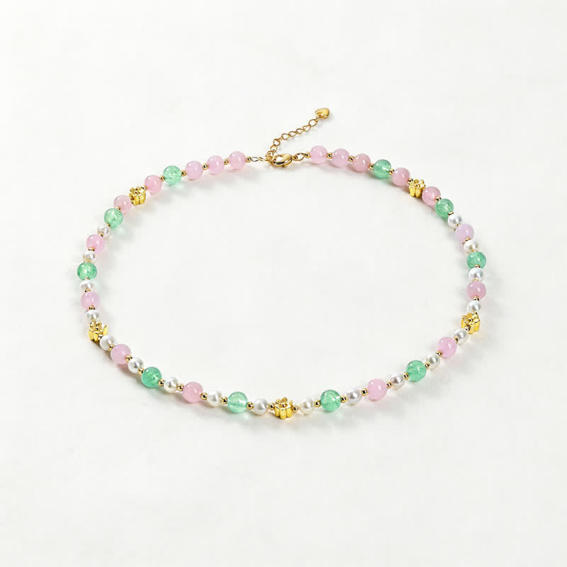 Buddha Stones Natural Rose Quartz Green Strawberry Quartz Pearl Bead Peace Necklace
