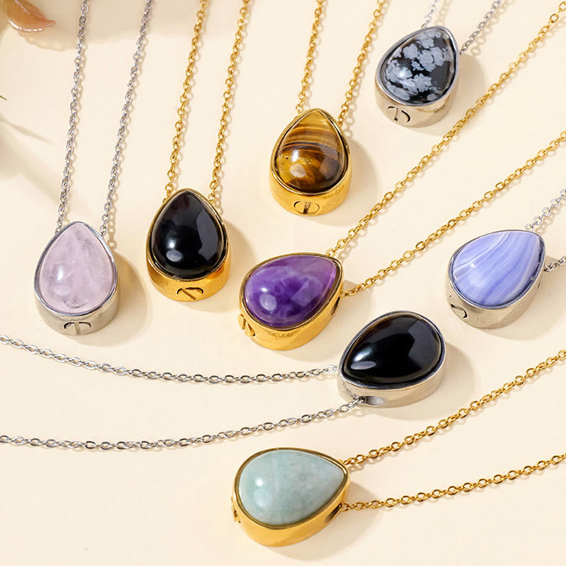 Buddha Stones Natural Blue Lace Agate Rose Quartz Black Onyx Teardrop Design Balance Necklace Pendant