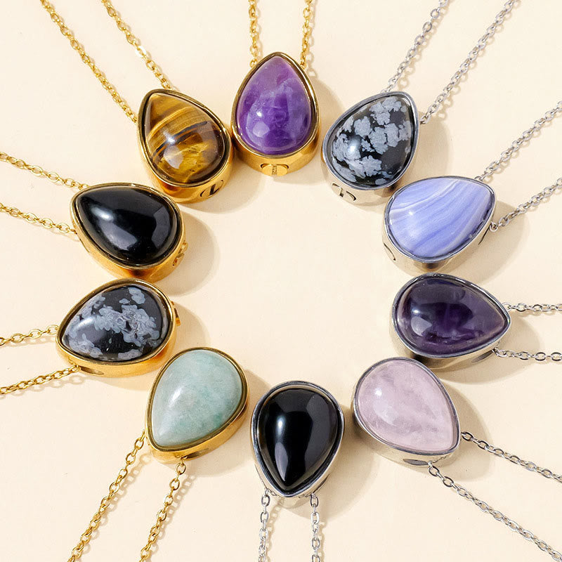 Buddha Stones Natural Blue Lace Agate Rose Quartz Black Onyx Teardrop Design Balance Necklace Pendant
