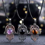 Buddha Stones Natural Black Obsidian Hamsa Palm Inlay Crystal Strength Necklace