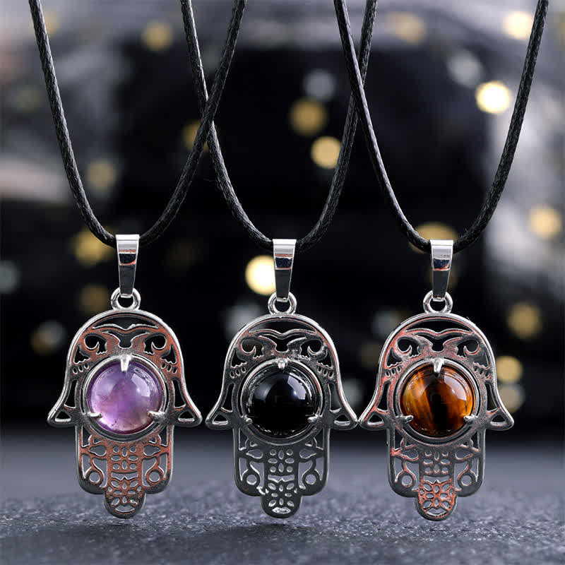 EverestArtStudios Natural Black Obsidian Hamsa Palm Inlay Crystal Strength Necklace