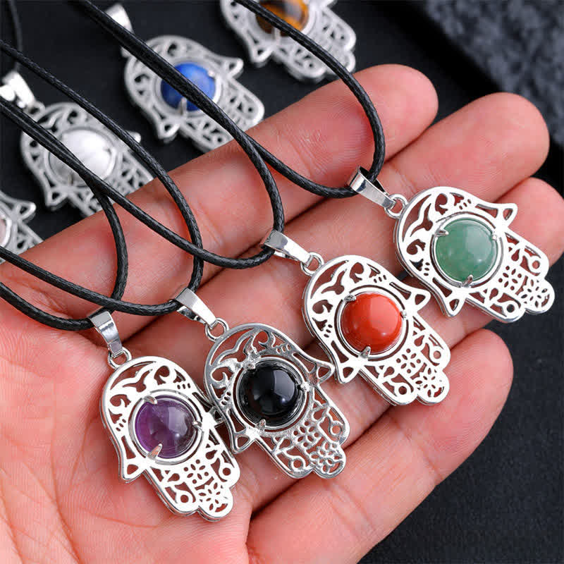 Buddha Stones Natural Black Obsidian Hamsa Palm Inlay Crystal Strength Necklace