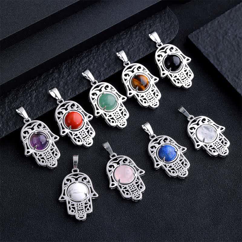 Buddha Stones Natural Black Obsidian Hamsa Palm Inlay Crystal Strength Necklace