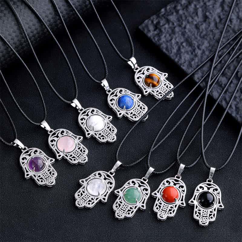 Buddha Stones Natural Black Obsidian Hamsa Palm Inlay Crystal Strength Necklace