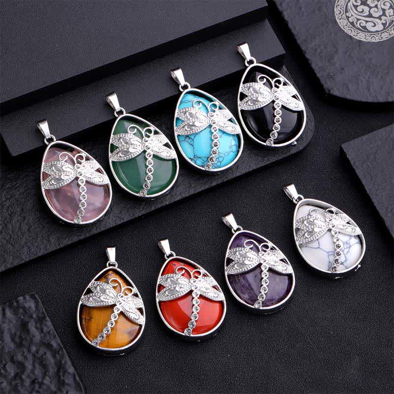 Buddha Stones Natural Green Aventurine Dragonfly Teardrop Shape Inlay Crystal Balance Necklace