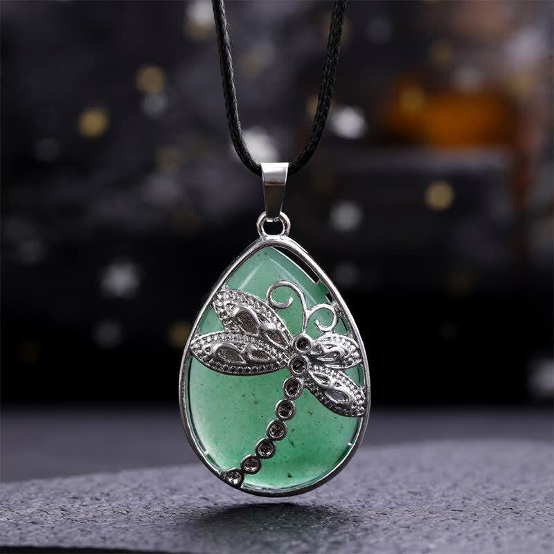 EverestArtStudios Natural Green Aventurine Dragonfly Teardrop Shape Inlay Crystal Balance Necklace