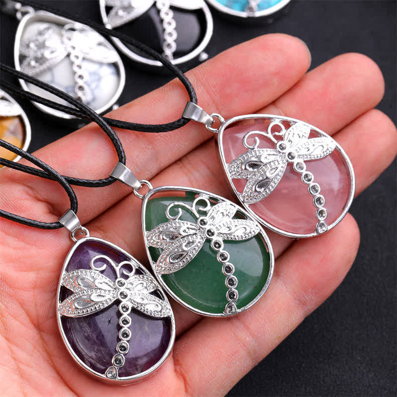 Buddha Stones Natural Green Aventurine Dragonfly Teardrop Shape Inlay Crystal Balance Necklace
