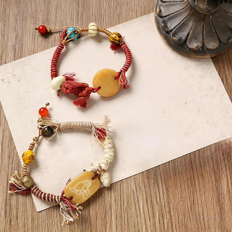 Buddha Stones Bone Fu Character Braided Rope Peace Bracelet