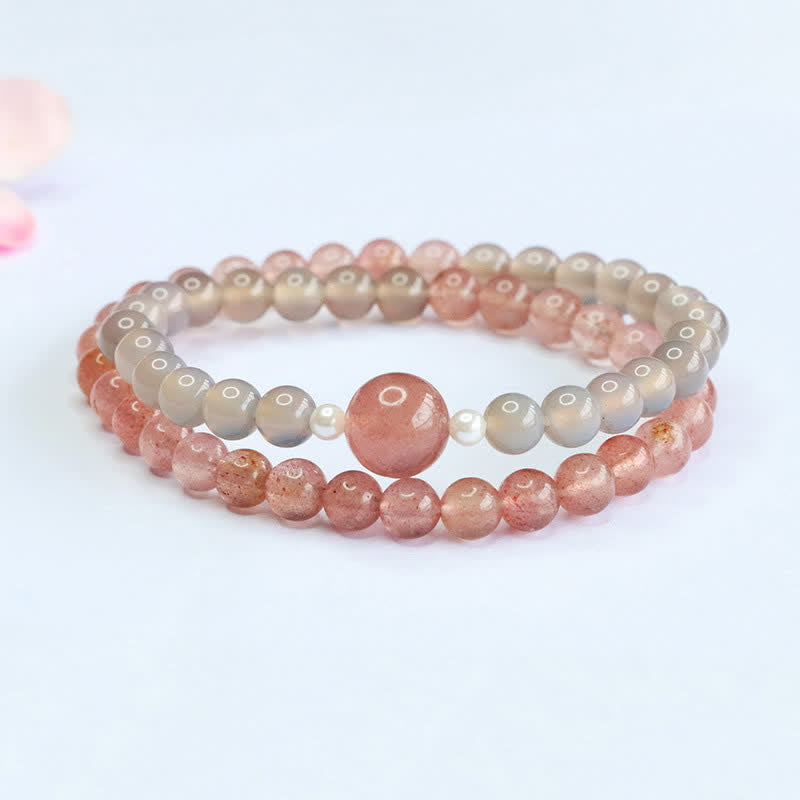 Buddha Stones Strawberry Quartz Gray Agate Double Wrap Positive Bracelet