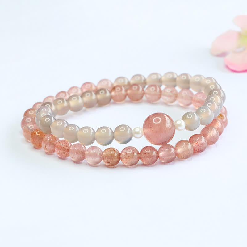 Buddha Stones Strawberry Quartz Gray Agate Double Wrap Positive Bracelet