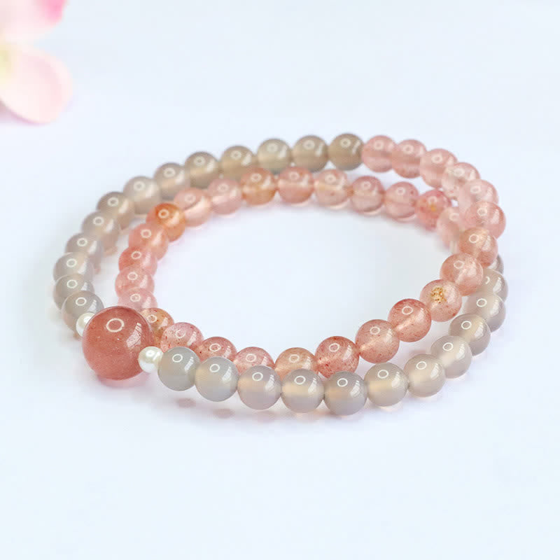 Buddha Stones Strawberry Quartz Gray Agate Double Wrap Positive Bracelet