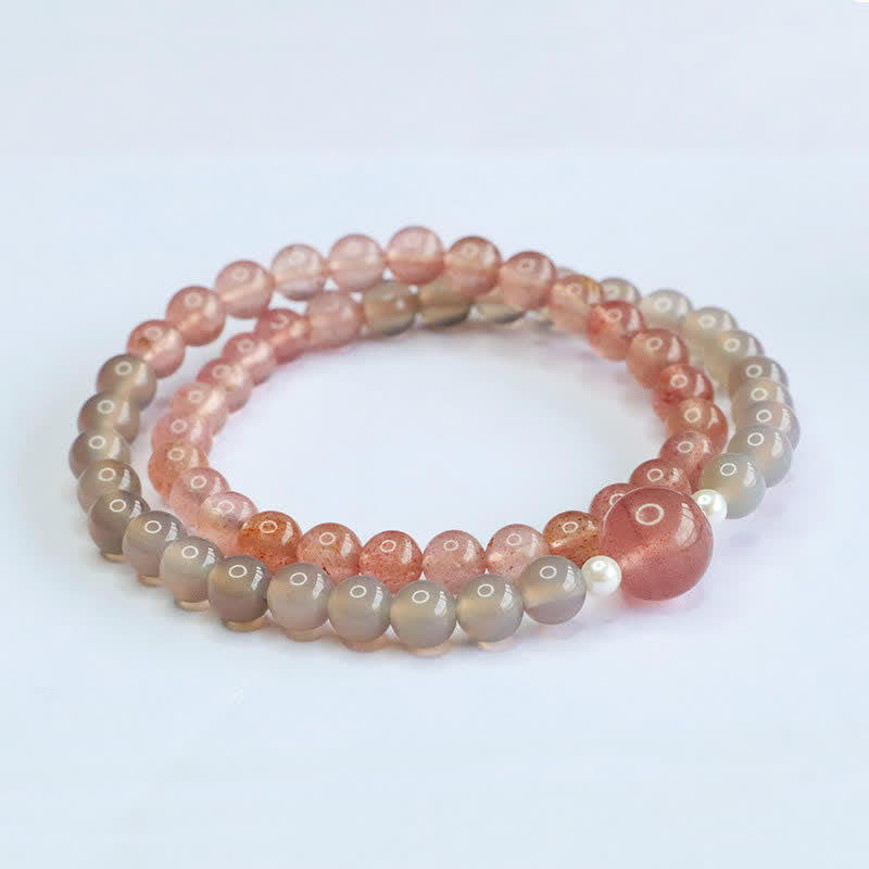 Buddha Stones Strawberry Quartz Gray Agate Double Wrap Positive Bracelet