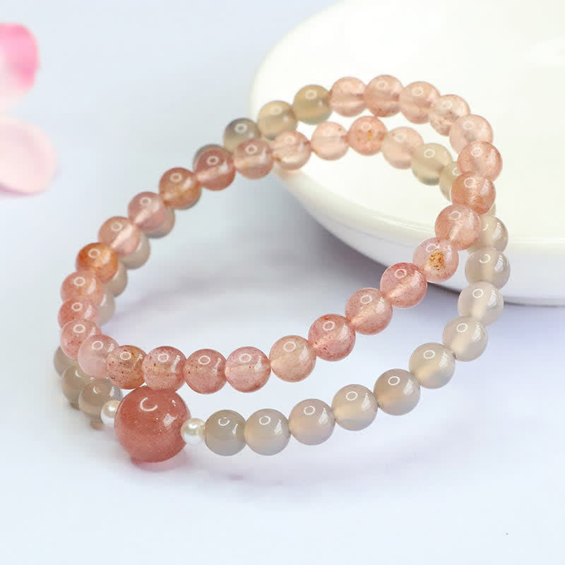Buddha Stones Strawberry Quartz Gray Agate Double Wrap Positive Bracelet