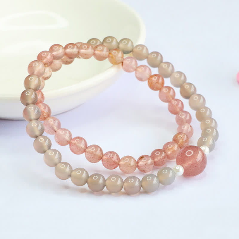 Buddha Stones Strawberry Quartz Gray Agate Double Wrap Positive Bracelet