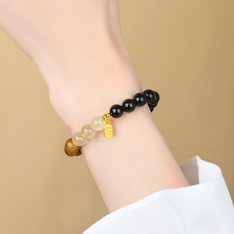 Buddha Stones Strawberry Quartz Citrine Five Elements Fu Character Luck Bracelet
