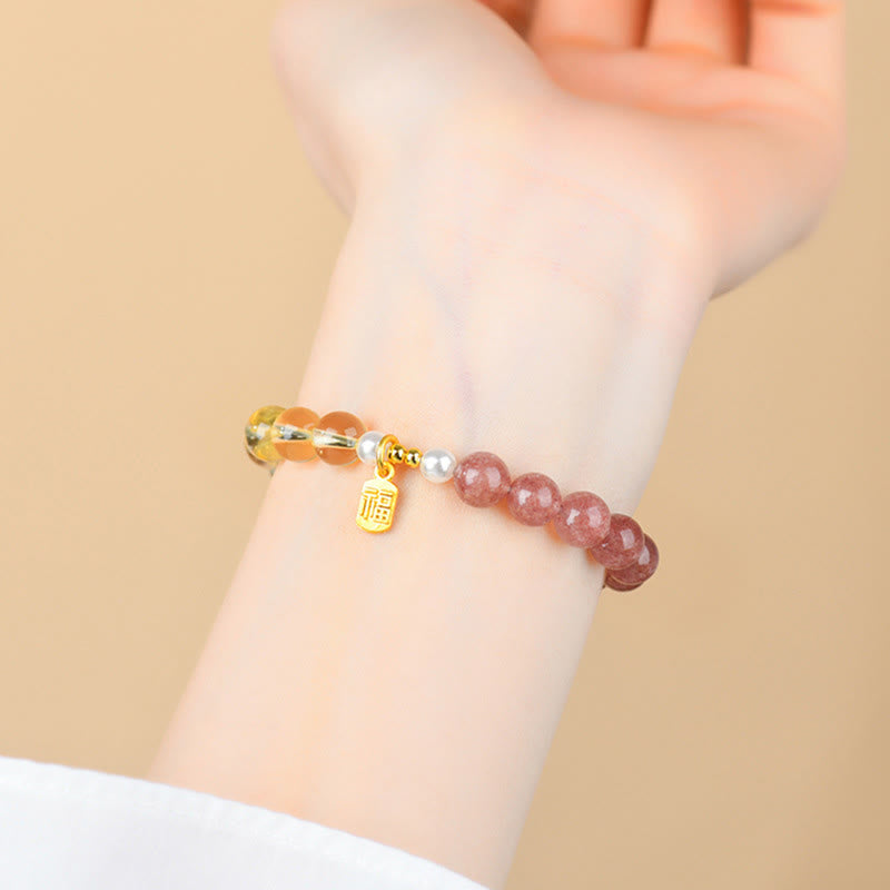 Buddha Stones Strawberry Quartz Citrine Five Elements Fu Character Luck Bracelet